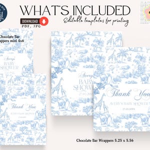 May include: Editable templates for printing baby shower chocolate bar wrappers. The wrappers feature a blue and white toile pattern with giraffes, elephants, and palm trees. The text "Avery's Baby Shower" and the date are included on the wrappers. The wrappers are available in two sizes: 4x6 inches and 5.25 x 5.56 inches.