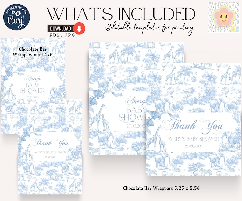 May include: Editable templates for printing baby shower chocolate bar wrappers. The wrappers feature a blue and white toile pattern with giraffes, elephants, and palm trees. The text "Avery's Baby Shower" and the date are included on the wrappers. The wrappers are available in two sizes: 4x6 inches and 5.25 x 5.56 inches.