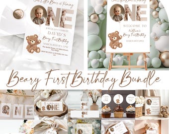 Può includere: Una collezione di articoli per feste a tema "Beary First Birthday". Include inviti, un cartello di benvenuto, decorazioni per cupcake e biglietti di ringraziamento. Il design presenta un'illustrazione di orsacchiotto e la parola "ONE".