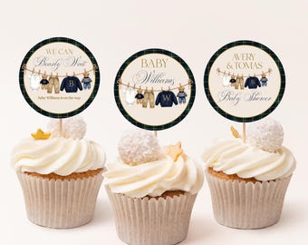 Baby Shower de Ositos de Peluche de Lujo, Adornos Clásicos para Cupcakes a Cuadros para Imprimir (Plantilla Editable en Lienzo Descargable)