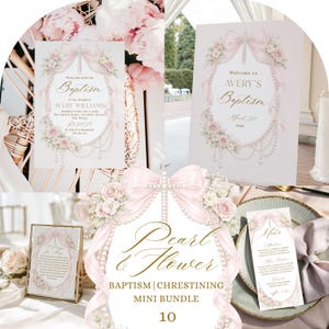 May include: A collection of baptism stationery featuring a soft pink and cream color palette. The designs include invitations, welcome signs, and menus, all adorned with floral and pearl accents. The text "Pearl & Flower" is displayed prominently.