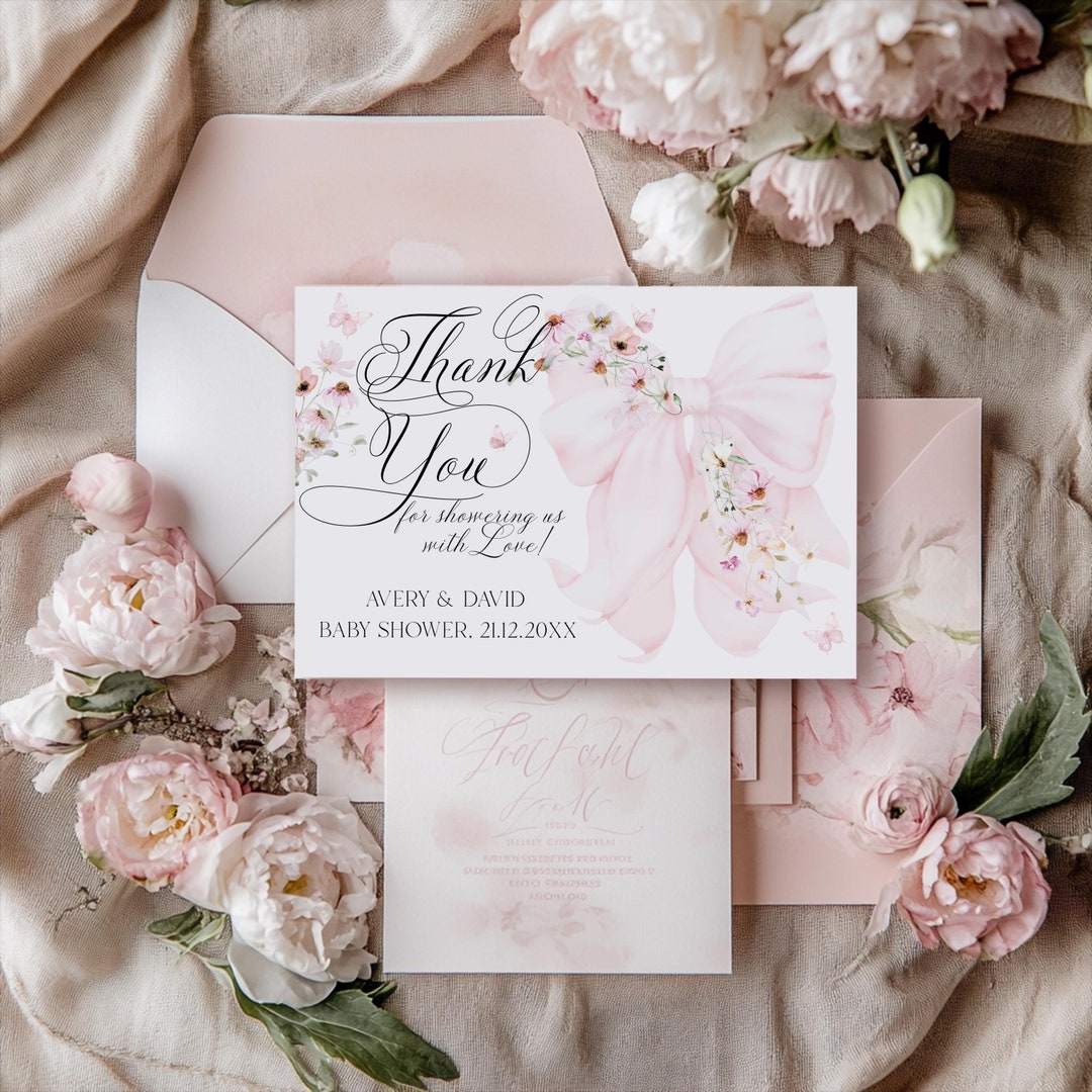 Baby in Bloom Thank You Card, Pink Bow Baby Girl Shower Digital Card ...