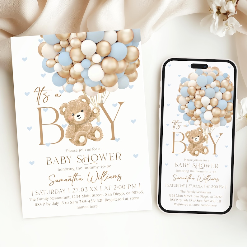 Bearbeitbar Es ist ein Junge-Babyparty-Einladung, Teddybär Blauer Ballon Vorlage Druckbare Digitaler Download Bild 3