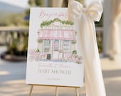 Bonjour Bebe Welcome Sign, French Baby Girl Shower Printable Decor, Elegant Parisian Cafe Pink Editable Template