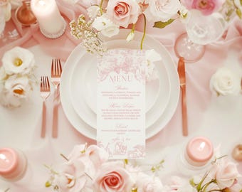 Menu imprimable Crad Pink Toile Safari Baby Girl Shower, modèle modifiable (téléchargement numérique)
