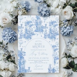 Dusty Blue Toile De Jouy Safari Baby Shower Invitation, Safari Animal Baby Boy Shower Digital Invite, Elegant Toile Print Editable Template