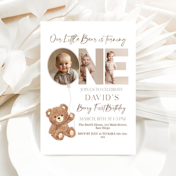 Editable Beary First Birthday Photo Invitation Template,  Little Bear is One Digital Invite Download