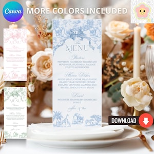 Toile Safari Baby Shower Menu Card, French Floral Bow Vintage (Canva Editable Template)