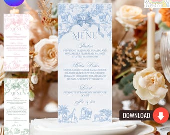 Blue Toile Safari Baby Shower Menu, French Floral (PDF)