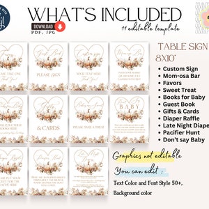 Pu&ograve; includere: Un set di cartelli stampabili per baby shower a tema autunnale. I cartelli presentano zucche e motivi floreali a forma di cuore. Il testo include "Bomboniere", "Libro degli ospiti", "Riffa dei pannolini" e altro. I cartelli misurano 20,32 cm x 25,4 cm.