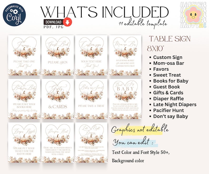Pu&ograve; includere: Un set di cartelli stampabili per baby shower a tema autunnale. I cartelli presentano zucche e motivi floreali a forma di cuore. Il testo include "Bomboniere", "Libro degli ospiti", "Riffa dei pannolini" e altro. I cartelli misurano 20,32 cm x 25,4 cm.