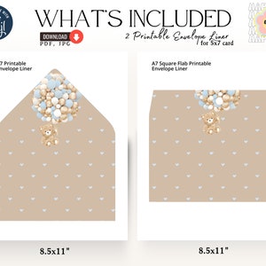 K&ouml;nnte beinhalten: Zwei bedruckbare Umschlagfutter f&uuml;r 5x7 Karten. Die Futter haben einen braunen Hintergrund mit einem Muster aus wei&szlig;en Herzen. Das Design beinhaltet einen Teddyb&auml;r, der einen Strau&szlig; blauer und goldener Ballons h&auml;lt.