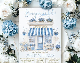 Blue Parisian Cafe Bonjour Bebe Baby Shower Invitation, Parisian Theme Baby Boy Shower Digital Invite, Elegant Baby Shower Editable Template