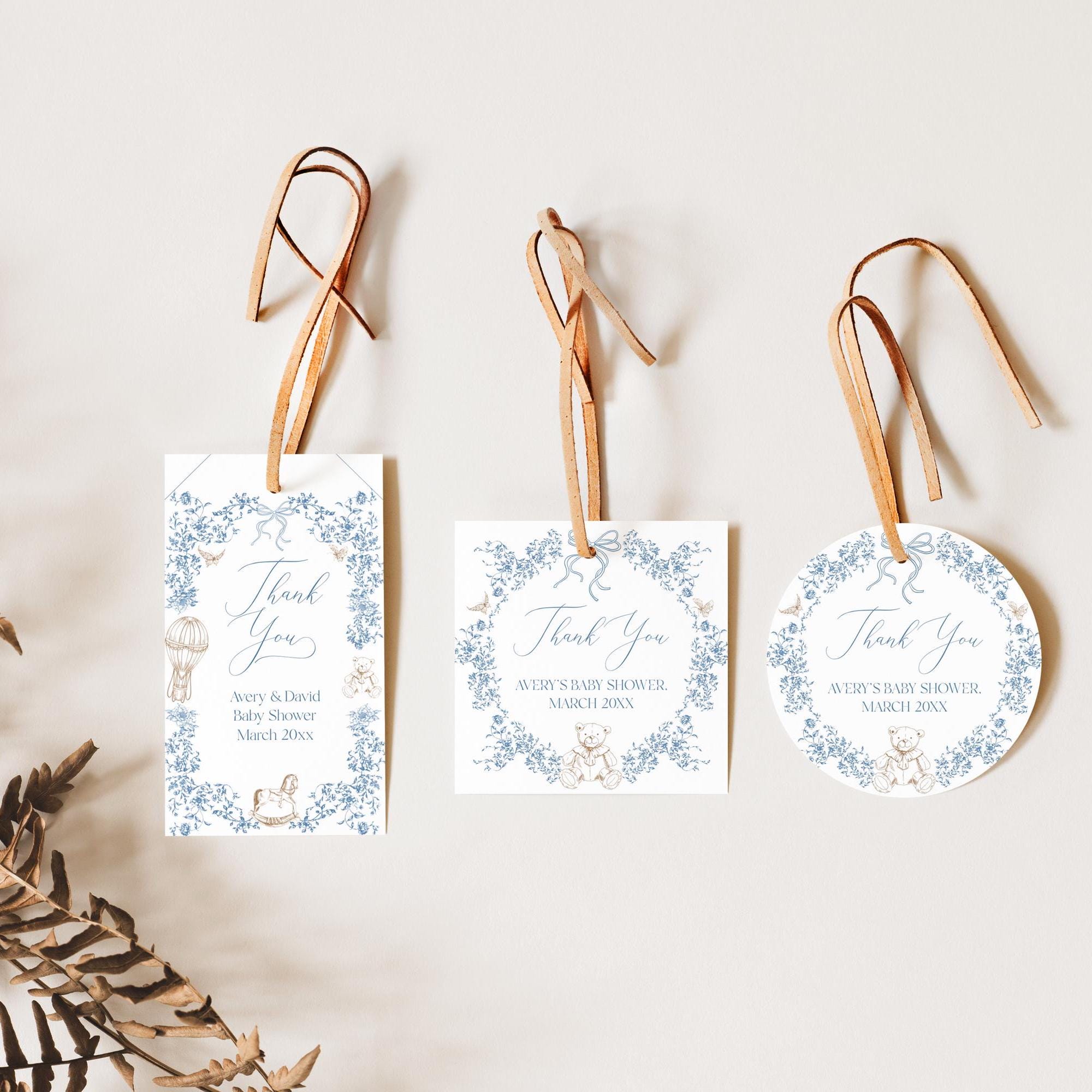 Dusty Blue and Brown Baby Shower Favor Tag, Editable Boy Baby ShowerThank You Tag, Printable Toile Baby Shower Favors, Classic Teddy Bear