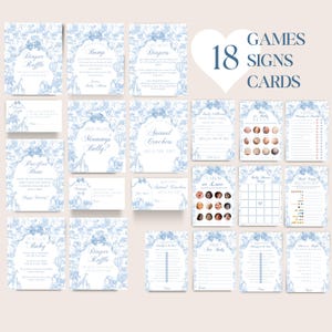 Blue Toile Safari Baby Shower Bundle, Vintage French All Blue Floral Bow Invitation Templates, Safari Animal Theme, Printable Games Bundle image 6