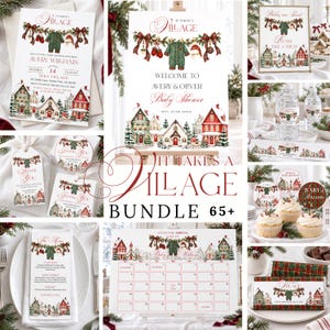 Könnte beinhalten: Ein Babyparty-Papeterie-Set mit einem weihnachtlichen Dorfmotiv, das rote und grüne Häuser, Tannenbäume und festliche Girlanden zeigt. Das Set enthält Einladungen, Willkommensschilder, Geschenkanhänger, Wasserflaschenetiketten und Cupcake-Topper.