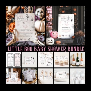 Pink Little Boo Baby Shower Bundle, Halloween Baby Girl Shower Digital Invitation Bundle, Watercolor Cute Chost Baby Shower Template Pack