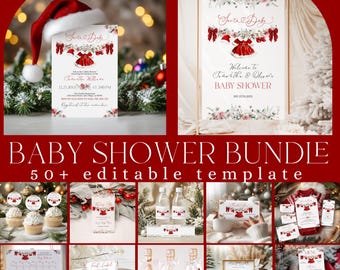 Könnte beinhalten: Ein Babyparty-Bundle mit Santa-Thema. Das Bild zeigt Einladungen, Schilder und Etiketten mit roten und weißen Designs. Der Text enthält "Santa & Baby" und "Baby Shower Bundle 50+ editable template."