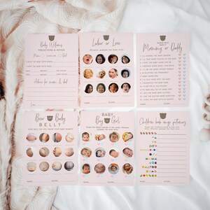 Lot de jeux de douche ours bébé fille, modèle imprimable minimaliste rose, bière ou ventre de bébé, carte de prédictions, carte de jeux de devinettes