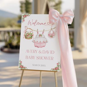 Berry Sweet Baby Shower Welcome Sign, Blush Strawberry Baby Girl Shower, Pink Bow Editable Template Download, Rustic Boho Baby Clothestline
