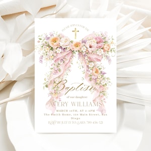 May include: A baptism invitation card with a floral bow design. The card features the text "PLEASE JOIN US FOR THE" above a gold cross, and "Baptism of our daughter" in elegant script. The card includes the name "AVERY WILLIAMS" and event details.