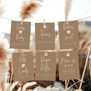 Cartello baby shower orso, cartello modificabile We Can Bearly Wait, decorazioni per feste stampabili, tema orso bruno minimale, download digitale neutro