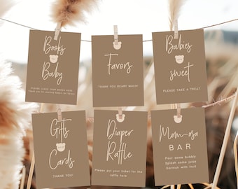 Bear Baby Shower Sign, We Can Bearly Wait Editable Sign, Printable Party Decor, Minimal Brown Bear Theme Gender Neutral Digital Download