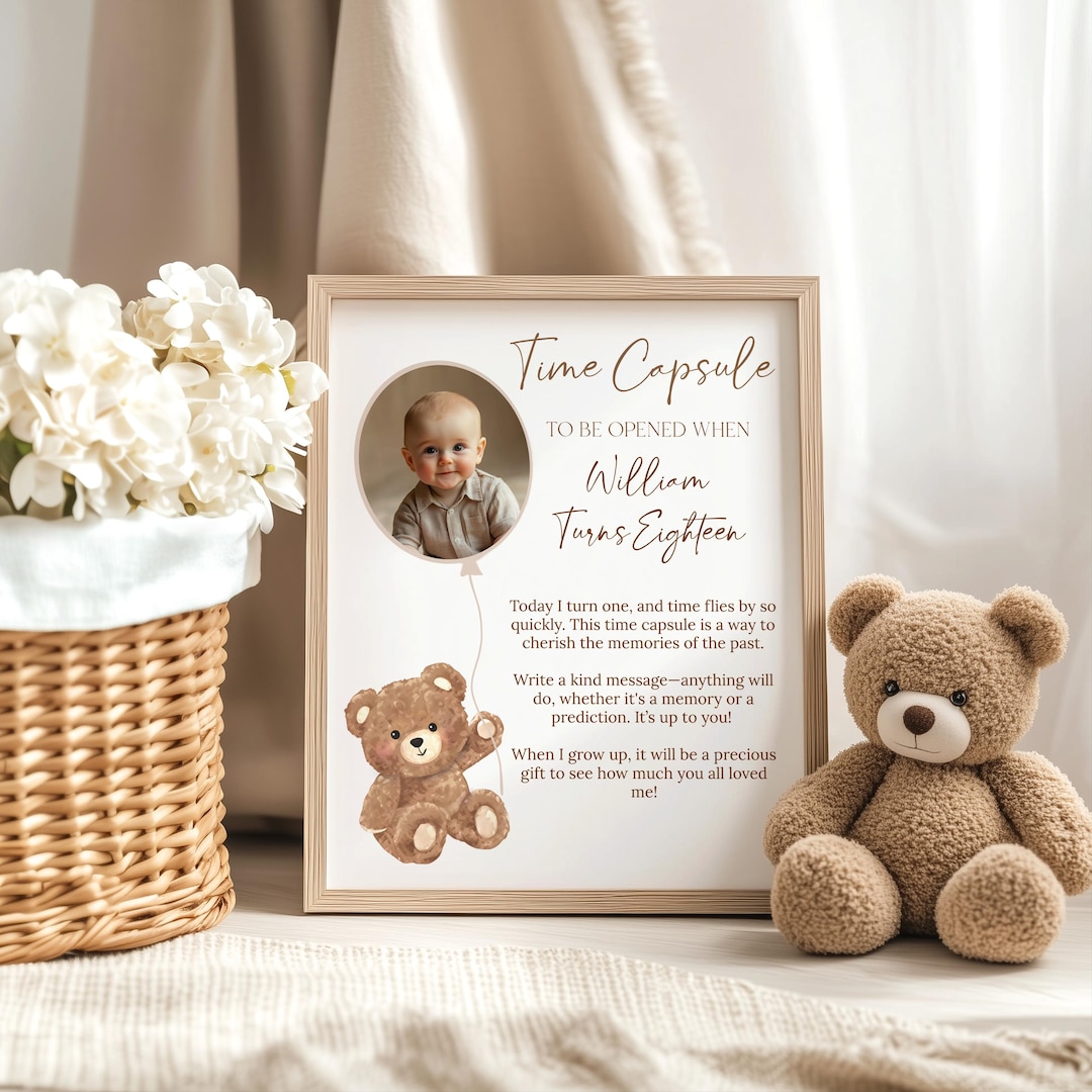 Little Bear First Birthday Time Capsule With Photo, Editable Teddy Bear ...