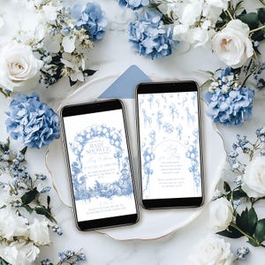 Digital Safari Toile Baby Shower Phone Evite, Dusty Blue Toile De Jouy Electronic Invite Boy, Safari Animal Baby Shower Editable Template