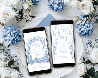 Digital Safari Toile Baby Shower Phone Evite, Dusty Blue Toile De Jouy Electronic Invite Boy, Safari Animal Baby Shower Editable Template