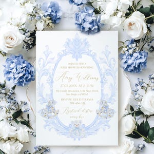 Invito modificabile per baby shower per bambini, invito digitale per baby shower con cornice grande a forma di stemma, invito a forma di cavallo a dondolo con orsetto, download immediato