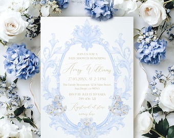 Editable Boy Baby Shower Invitation, Big Crest Frame Blue Baby Shower Digital Invite, Teddy Bear Rocking Horse Invites Instant Download
