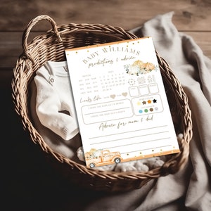 Carte de jeu de prédictions de bébé, prédictions de baby shower citrouilles & conseils carte imprimable, jeu de devinettes personnalisé pour bébé, camion citrouille orange