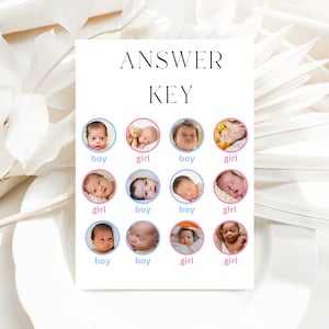 May include: Answer key for a baby gender guessing game.  The key shows a grid of baby photos with the words "boy" or "girl" underneath each photo.