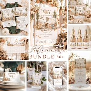 Könnte beinhalten: Ein Wald-Abenteuer-Set für Babypartys mit bedruckten Karten, Schildern und Etiketten, die Illustrationen von Bär, Fuchs, Igel und Waschbär zeigen. Das Set enthält Einladungen, Menükarten, Lebensmitteletiketten und Dankeskarten.