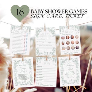 Lot de jeux de baby shower en toile vert sauge, lot de jeux imprimables, carte de jeu de baby shower de noeud floral élégant, jeux de fête amusants à télécharger