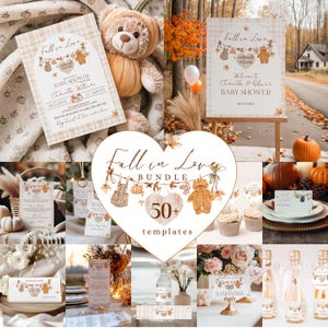 Peut inclure: Un ensemble de modèles de papeterie pour fête prénatale sur le thème Fall in Love, illustré d'ours en peluche, de citrouilles et de feuilles d'automne. Le kit comprend des invitations, des panneaux, des menus, des étiquettes et des textes bruns.