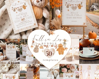 May include: A collection of baby shower stationery templates featuring a Fall in Love theme with illustrations of teddy bears, pumpkins, and autumn leaves. The set includes invitations, welcome signs, menus, tags, and labels with brown text.