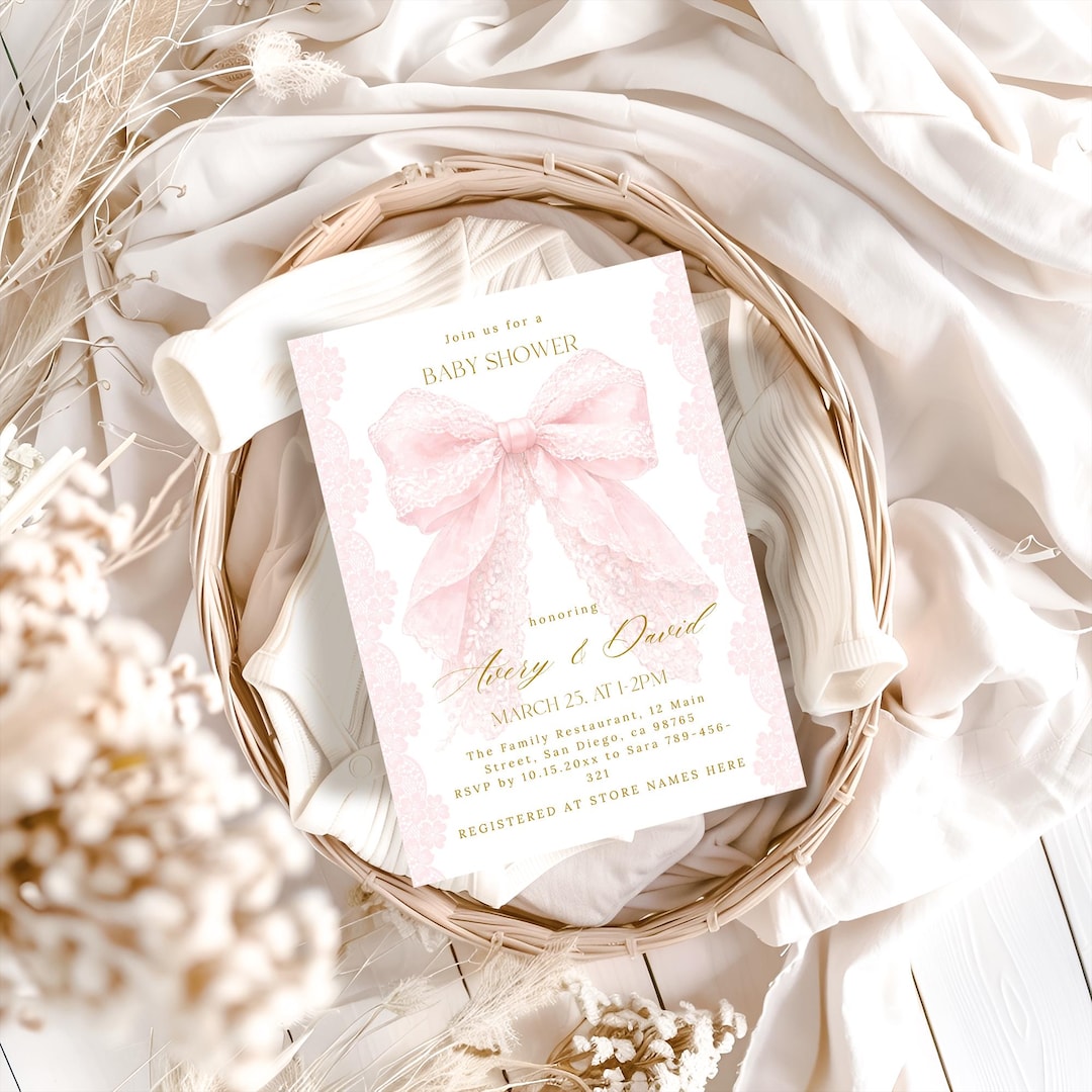 Canva Editable Pink Bow Lace Baby Shower Invitation Template, Elegant ...