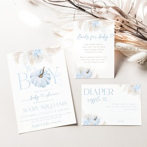 Redigerbar "Det är en pojke"-pumpa-babyshowerinbjudningsset, digital höst-boho-babyshowerinbjudan, nedladdningsinbjudningar för blå pumpa, blöjlotteri
