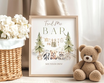 Woodland Baby Shower Trail Mix Bar Sign, Forest Animals Canva Template (Digital Download)