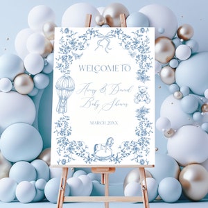 Toile Baby Shower Willkommensschild, Vintage Bär Baby Shower Schild, elegantes blau Toile Baby Shower digitales Poster, druckbares Party Schild