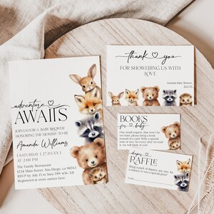 Une aventure modifiable attend un ensemble d’invitations numériques pour la baby shower, une invitation à la baby shower d’animaux des bois modernes et minimalistes, une carte de remerciement