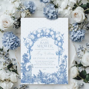 Safari Toile Baby Shower Invitation, Dusty Blue Toile De Jouy Digital Invite Boy, Elegant Safari Animal Baby Shower Editable Invite Template