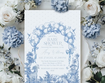Invitación para baby shower con diseño de safari en toile de jouy, invitación digital para niño en toile de jouy azul polvoriento, elegante plantilla de invitación editable para baby shower con diseño de animales de safari