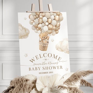 Nallebjörn med luftballong och babyshower-välkomstskylt (redigerbar, direkt nedladdning)