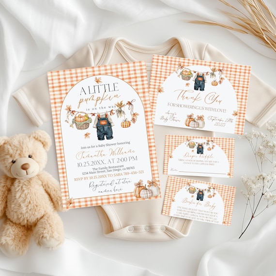 Little Pumpkin Invitation Bundle, Editable Rustic Fall Baby Shower Invitation Template Canva, Digital Invite Neutral, Diaper Raffle Card