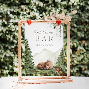 Trail Mix Bar Sign Woodland Baby Shower, Adventure Boy Baby Shower Printable Trail Mix Bar Sign, Forest Greenery Bear Digital Download