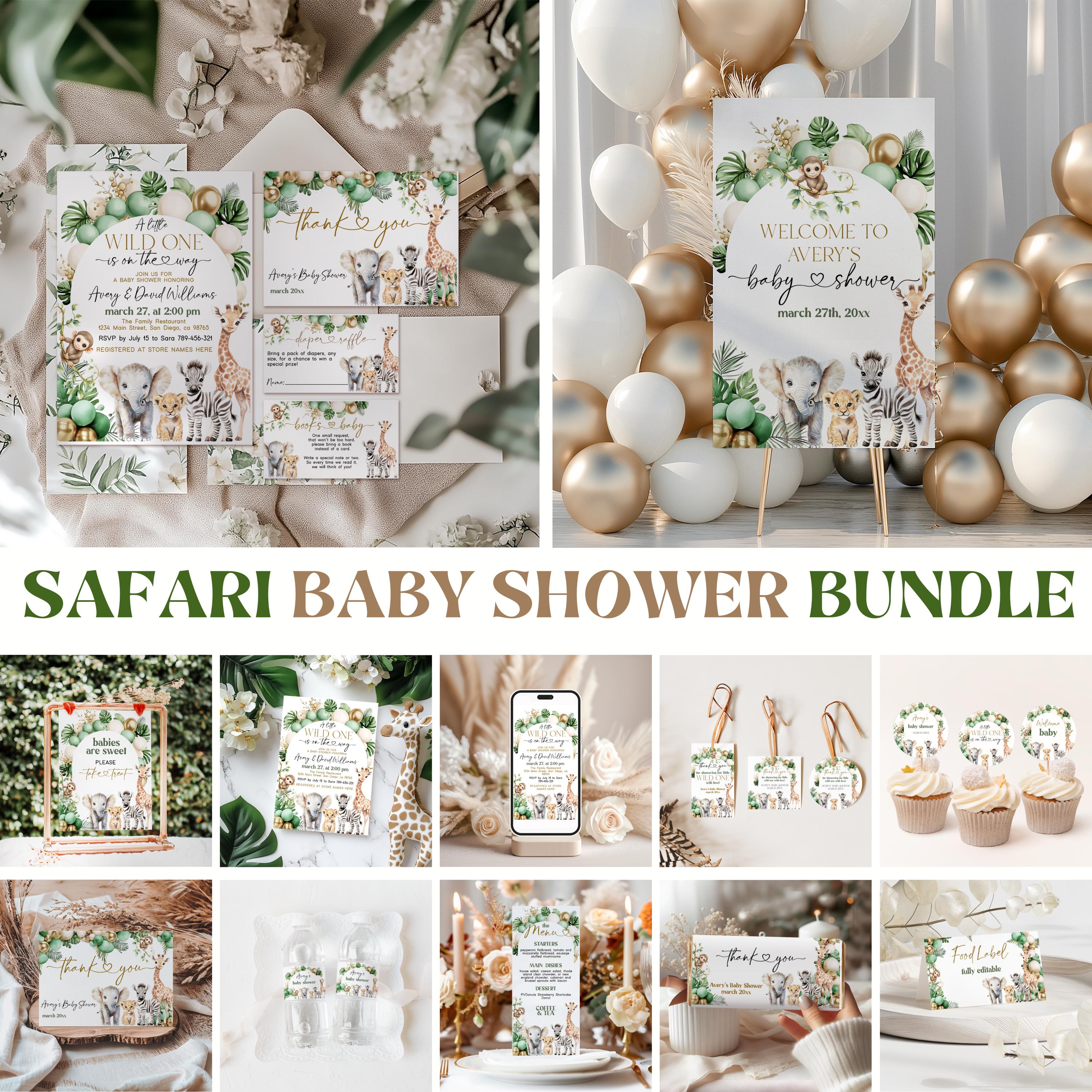 Paquete de baby shower con animales de safari, paquete de baby shower con vegetación selvática, plantilla digital con temática de safari bohemio, globos verdes y dorados con hojas de jungla.