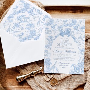 Blue Toile Safari Baby Shower Bundle, Vintage French All Blue Floral Bow Invitation Templates, Safari Animal Theme, Printable Games Bundle image 9